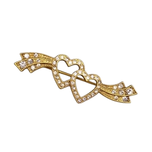 Vintage Jewelry - 1928 Rhinestone Double Heart Brooch Gold tone with Ribbon Detail Vintage